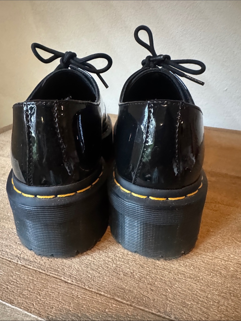 Dr. Martens Black Patent Platform Lace-Up Shoes with Yellow Stitching - Picture 2 of 5